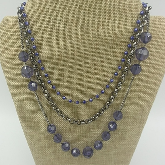 Multi Layer Chain Necklace W/ Blue Bead Accents - Picture 3 of 4